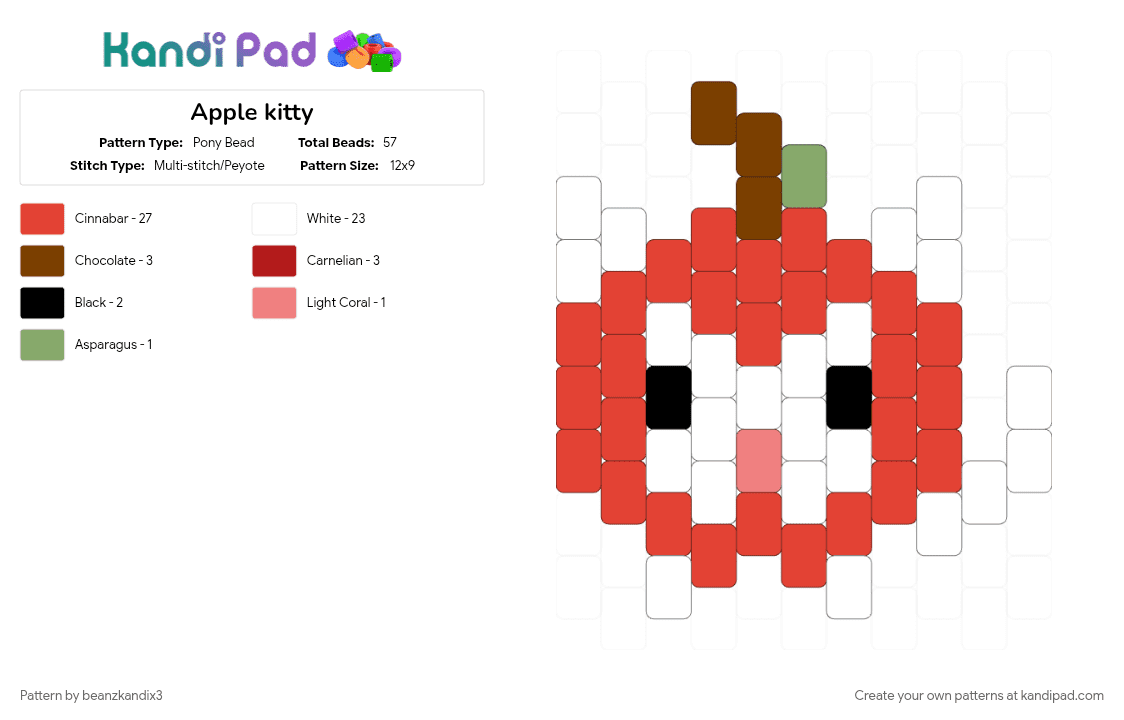 Apple kitty - Pony Bead Pattern by beanzkandix3 on Kandi Pad - apple, cat, charm, goofy, peyote, red, silly