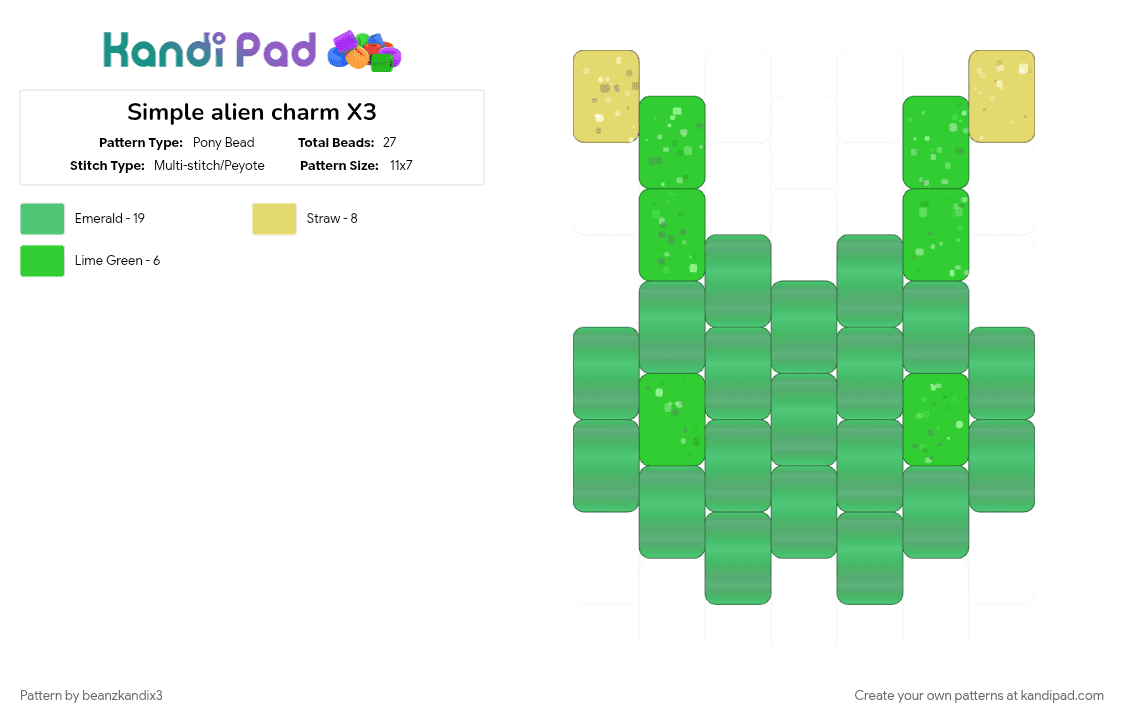 Simple alien charm X3 - Pony Bead Pattern by beanzkandix3 on Kandi Pad - alien, charm, goober, keychain, peyote, silly, teal