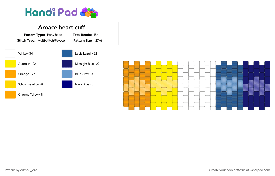Aroace heart cuff - Pony Bead Pattern by c0mpu_c4t on Kandi Pad - aroace, heart, hearts, lgbtq, lgbtqia cuff, love, orange, pride, purple, stripes, yellow