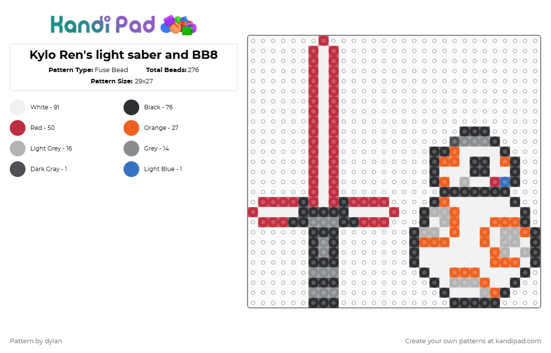 Kylo Ren\'s light saber and BB8 - Fuse Bead Pattern by dylan on Kandi Pad - kylo ren,light saber,bb8,star wars,movie,robot,droid,scifi,white,red,orange