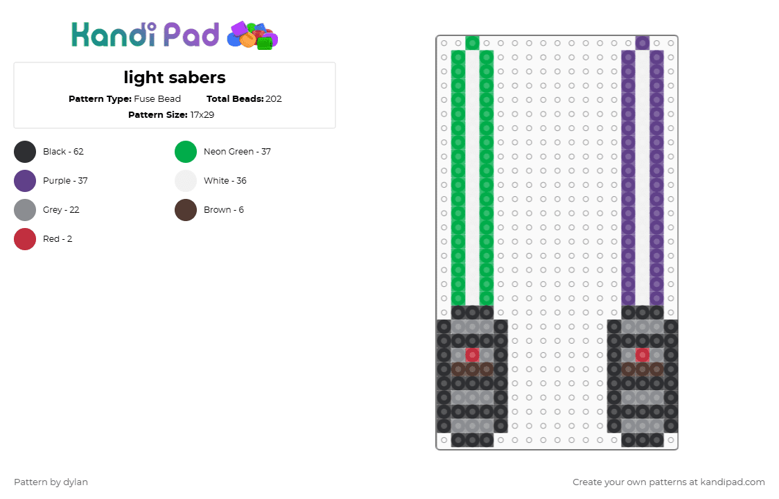 light sabers - Fuse Bead Pattern by dylan on Kandi Pad - lightsabers,lightsaber,star wars,weapon,movie,scifi,gray,green,purple