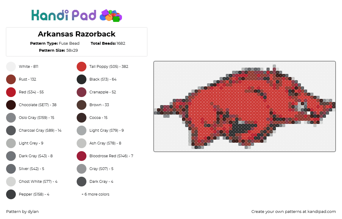 Arkansas Razorback - Fuse Bead Pattern by dylan on Kandi Pad - razorbacks,arkansas,logo,hog,boar,pig,football,sports,college,team,red