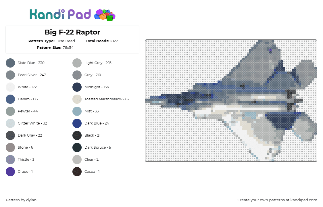 Big F-22 Raptor - Fuse Bead Pattern by dylan on Kandi Pad - jet,airplane,gray