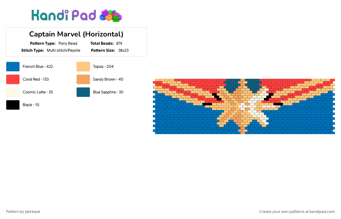 Captain Marvel (Horizontal) - Pony Bead Pattern by plorkaye on Kandi Pad - blue, character, marvel, superhero