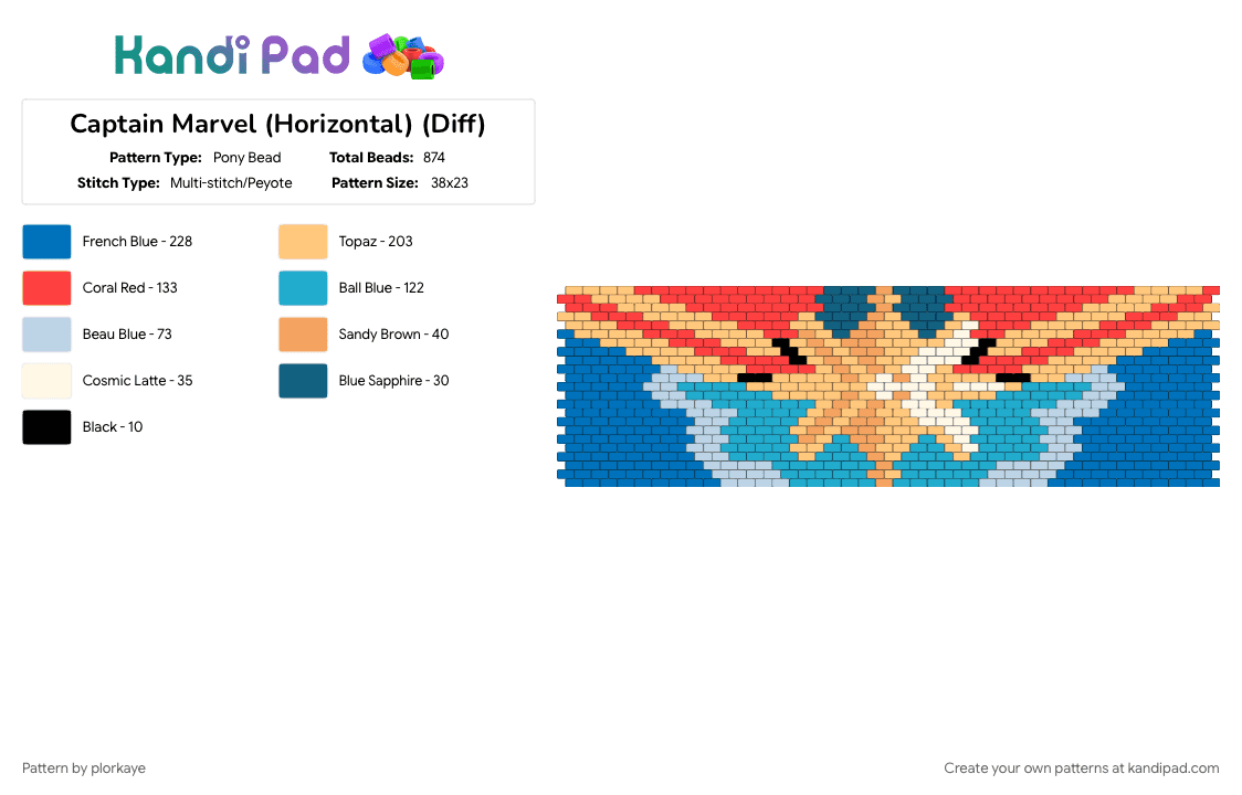 Captain Marvel (Horizontal) (Diff) - Pony Bead Pattern by plorkaye on Kandi Pad - blue, character, marvel, orange, superhero