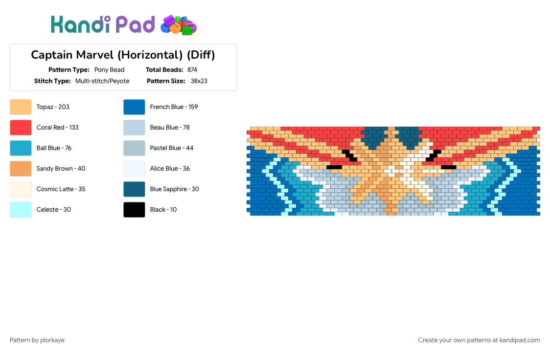 Captain Marvel (Horizontal) (Diff) - Pony Bead Pattern by plorkaye on Kandi Pad - blue, orange