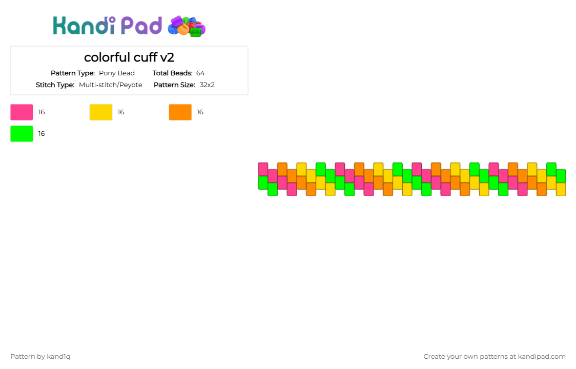 colorful cuff v2 - Pony Bead Pattern by kand1q on Kandi Pad - green, orange, pink, yellow