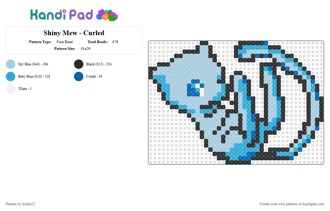 Shiny Mew - Curled - Fuse Bead Pattern by kchen25 on Kandi Pad - light blue