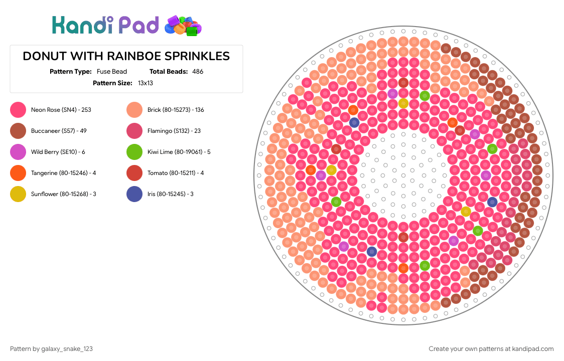 DONUT WITH RAINBOE SPRINKLES - Fuse Bead Pattern by galaxy_snake_123 on Kandi Pad - colorful, donut, orange, pride, rainbow, red, sprinkles