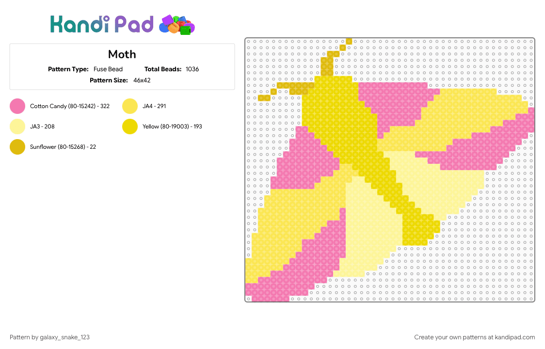 Moth - Fuse Bead Pattern by galaxy_snake_123 on Kandi Pad - cotdinsect, insect, moth, pink, yellow