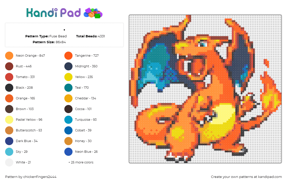 . - Fuse Bead Pattern by chickenfingers2444 on Kandi Pad - charizard,pokemon,charmander,dragon,lizard,fiery,character,flame,gaming,evolutio