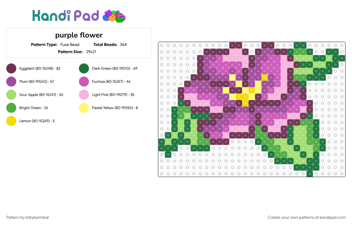purple flower - Fuse Bead Pattern by kittykannibal on Kandi Pad - flower, green, pink, purple
