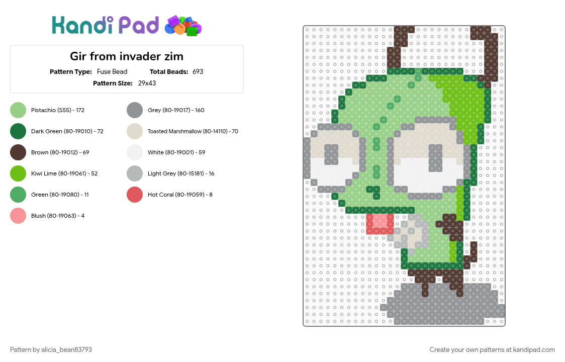 Gir from invader zim - Fuse Bead Pattern by alicia_bean83793 on Kandi Pad - cartoon, character, gir, gray, green, invader zim, teal