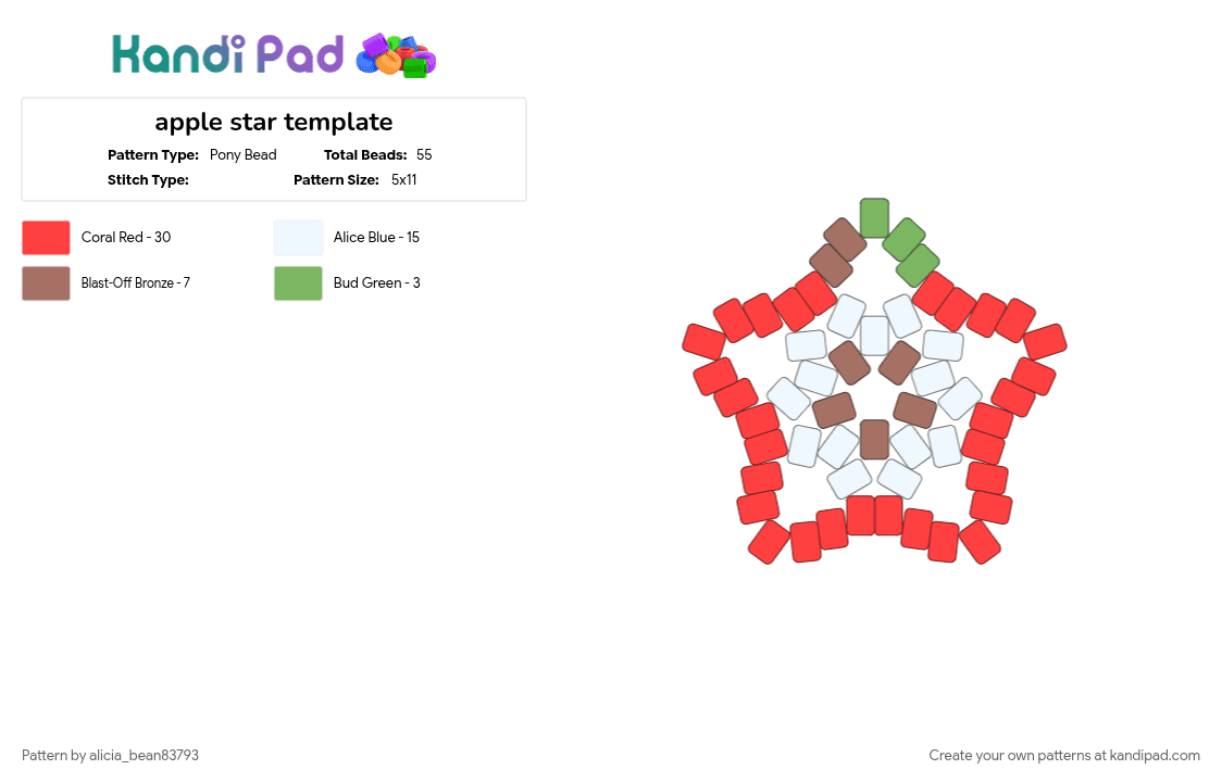 apple star template - Pony Bead Pattern by alicia_bean83793 on Kandi Pad - apple, food, fruit, red