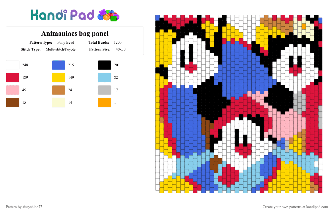 Animaniacs bag panel - Pony Bead Pattern by sissyshine77 on Kandi Pad - animaniacs, bag, blue, cartoon, kandi, red, yellow