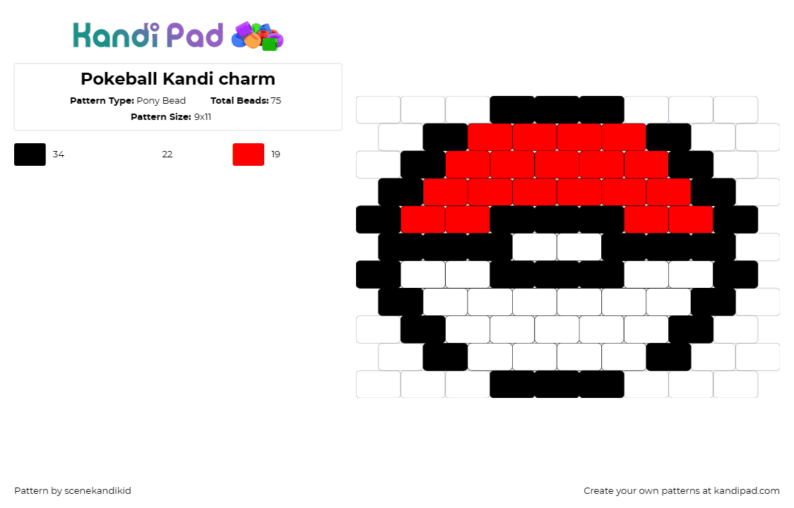 Pokeball Kandi charm - Pony Bead Pattern by scenekandikid on Kandi Pad - pokeball,pokemon,anime,gaming,red,white