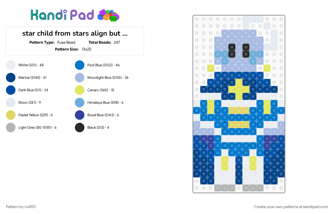star child from stars align but i remade how they looked cuz the colours werent accurate thingy :P - Fuse Bead Pattern by null101 on Kandi Pad - blue, character, idk, light blue, silly lil guy, stars align, yea