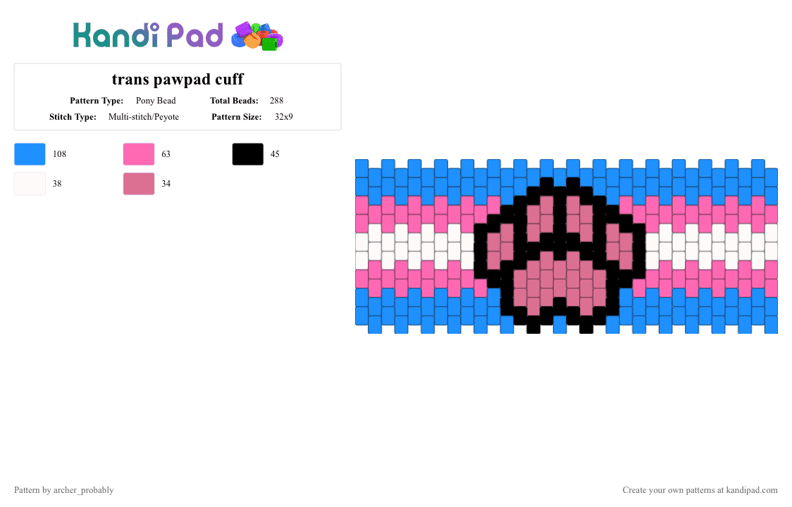 trans pawpad cuff - Pony Bead Pattern by archer_probably on Kandi Pad - furry, light blue, paw, pink, therian, trans