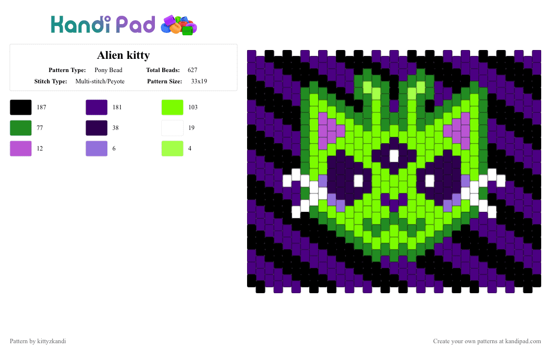 Alien kitty - Pony Bead Pattern by kittyzkandi on Kandi Pad - alien kitty, bag design, green, panel, purple