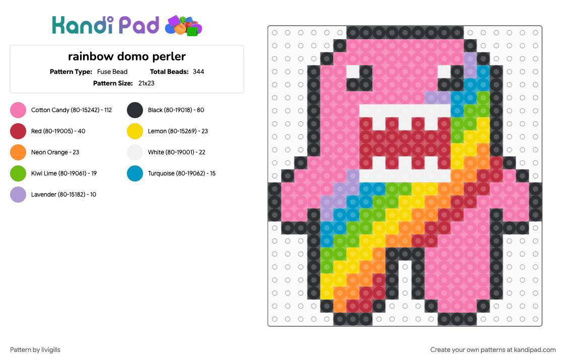 rainbow domo perler - Fuse Bead Pattern by livigills on Kandi Pad - pink, red