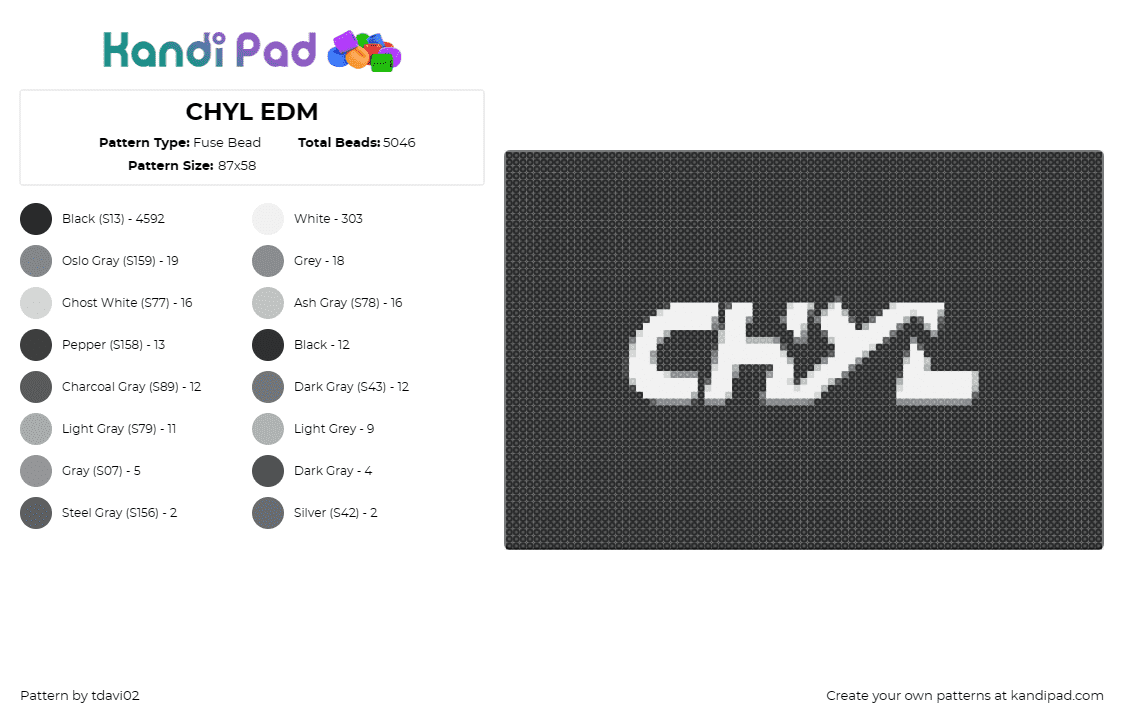 CHYL EDM - Fuse Bead Pattern by tdavi02 on Kandi Pad - chyl,logo,dj,edm,music,white,black