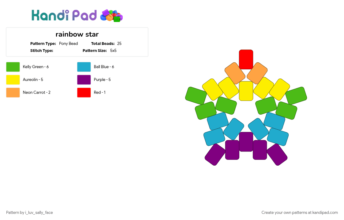 rainbow star - Pony Bead Pattern by i_luv_sally_face on Kandi Pad - green, light blue, pink, rainbow, star, yellow