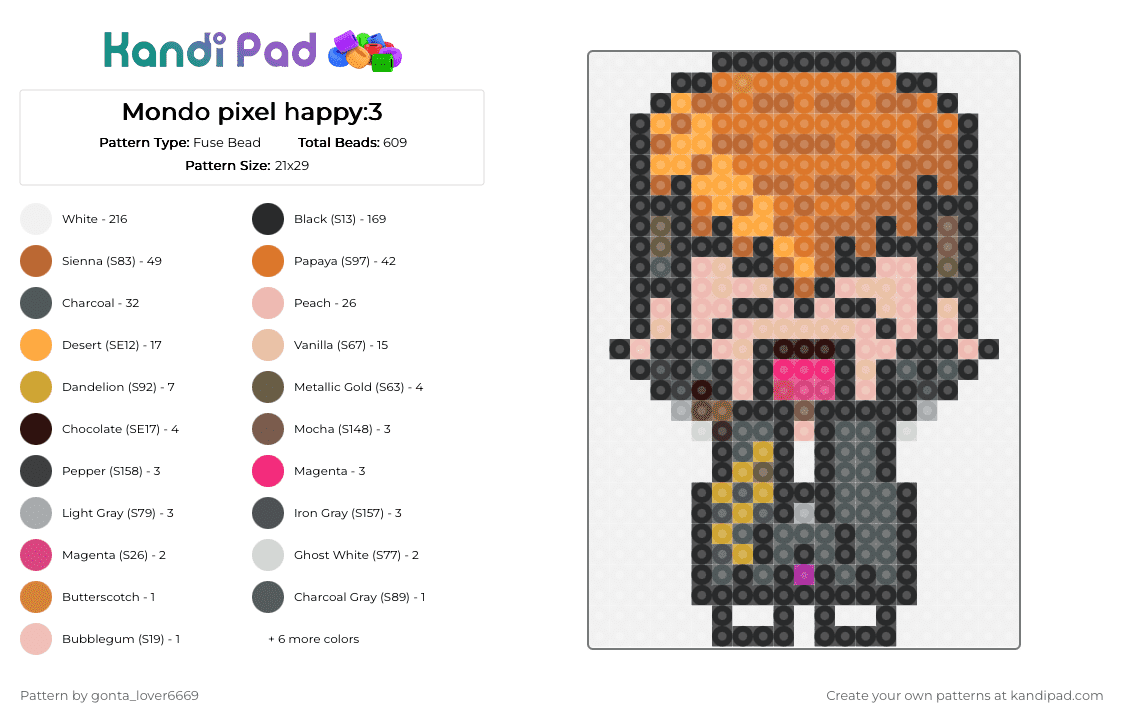 Mondo pixel happy:3 - Fuse Bead Pattern by gonta_lover6669 on Kandi Pad - colorful, orange, pink, tan, white
