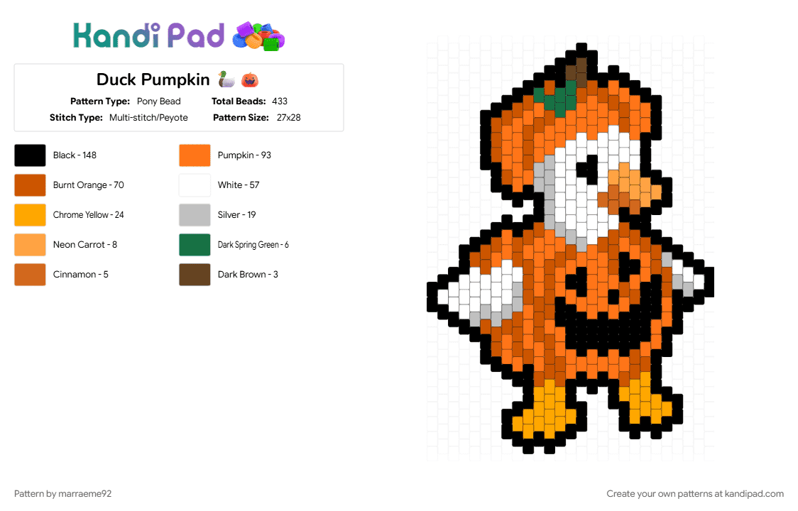 Duck Pumpkin 🦆🎃 - Pony Bead Pattern by marraeme92 on Kandi Pad - orange, red