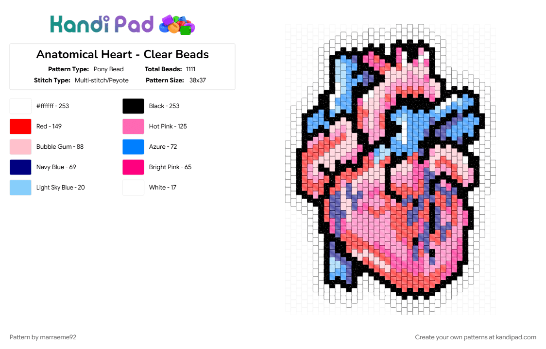 Anatomical Heart - Clear Beads - Pony Bead Pattern by marraeme92 on Kandi Pad - pink, red