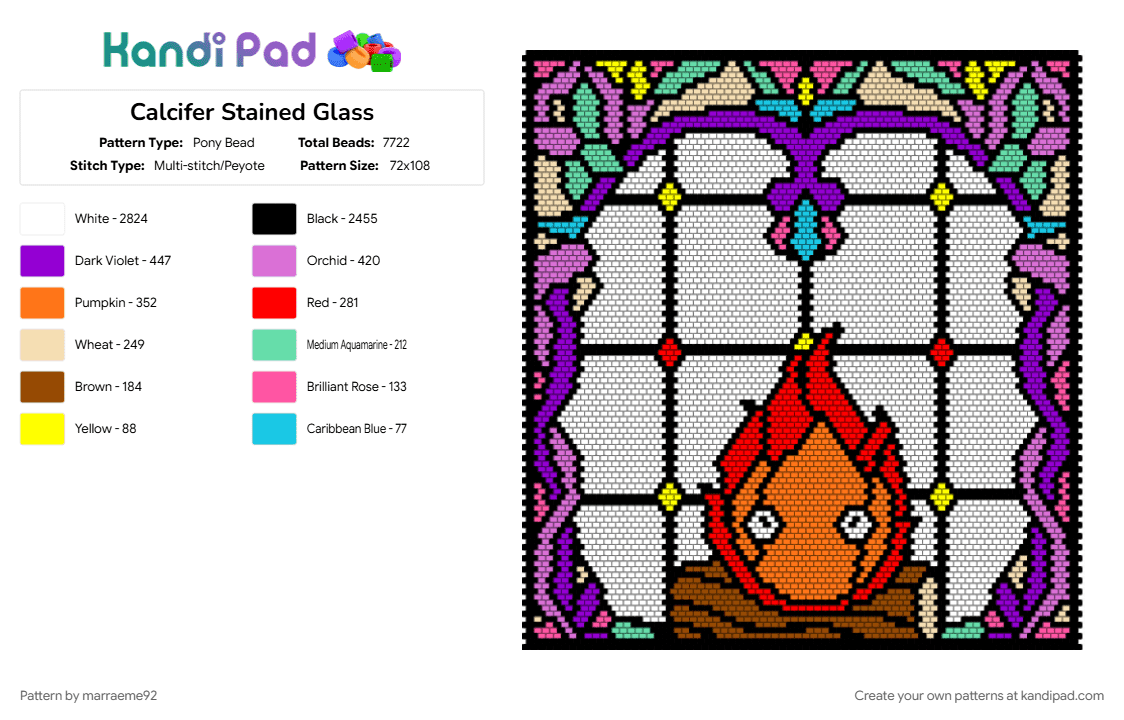 Calcifer Stained Glass - Pony Bead Pattern by marraeme92 on Kandi Pad - colorful, orange, pink, red, white