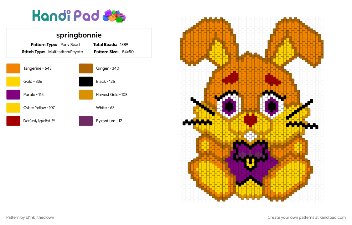 springbonnie - Pony Bead Pattern by bl1nk_theclown on Kandi Pad - animal, bunny, character, cute, five nights at freddys, fnaf, orange, plushie, springbonnie, tan, yellow