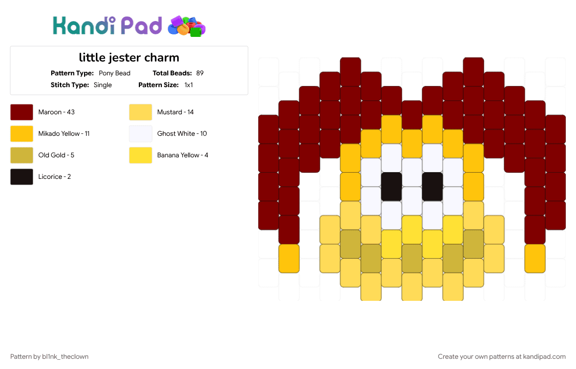little jester charm - Pony Bead Pattern by bl1nk_theclown on Kandi Pad - brown, character, charm, head, jester, yellow