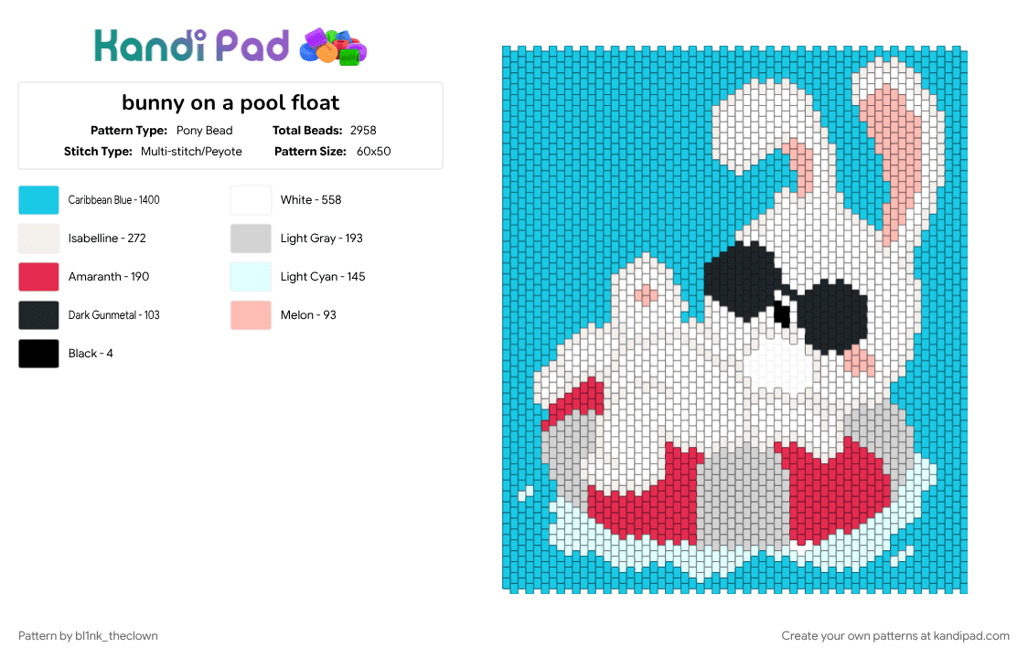 bunny on a pool float - Pony Bead Pattern by bl1nk_theclown on Kandi Pad - animal, bunny, cotdpoolparty, cute, light blue