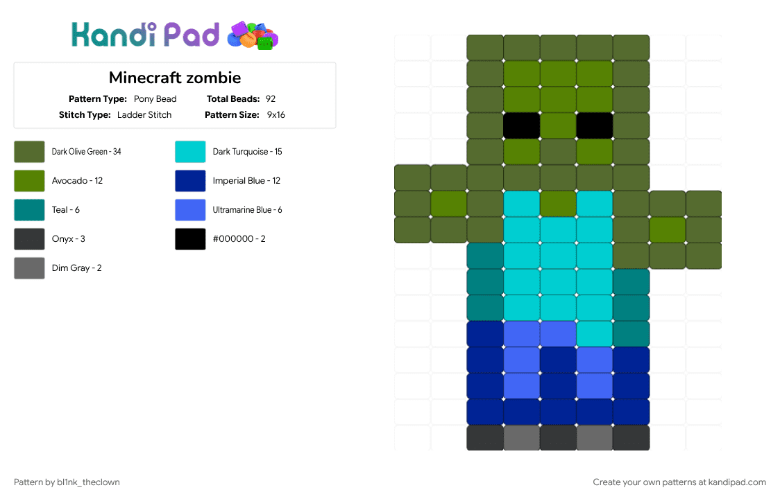 Minecraft zombie - Pony Bead Pattern by bl1nk_theclown on Kandi Pad - character, cotdzombies, gold, green, light blue, minecraft, purple, video game