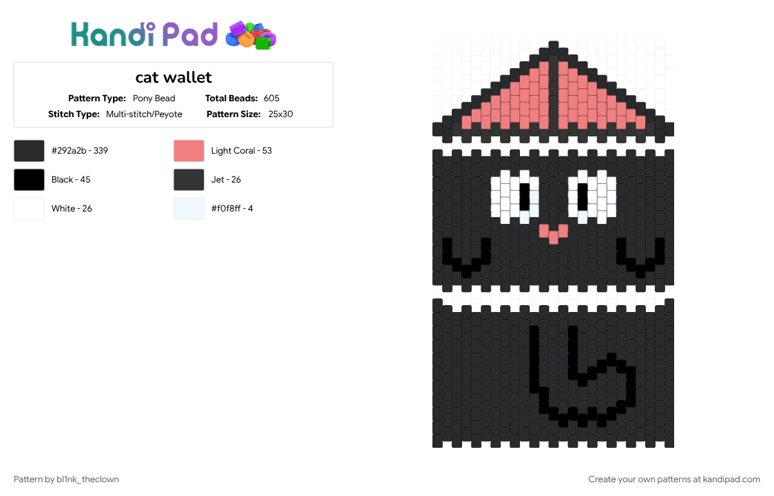cat wallet - Pony Bead Pattern by bl1nk_theclown on Kandi Pad - animal, animals, black, cat, cute, red, white