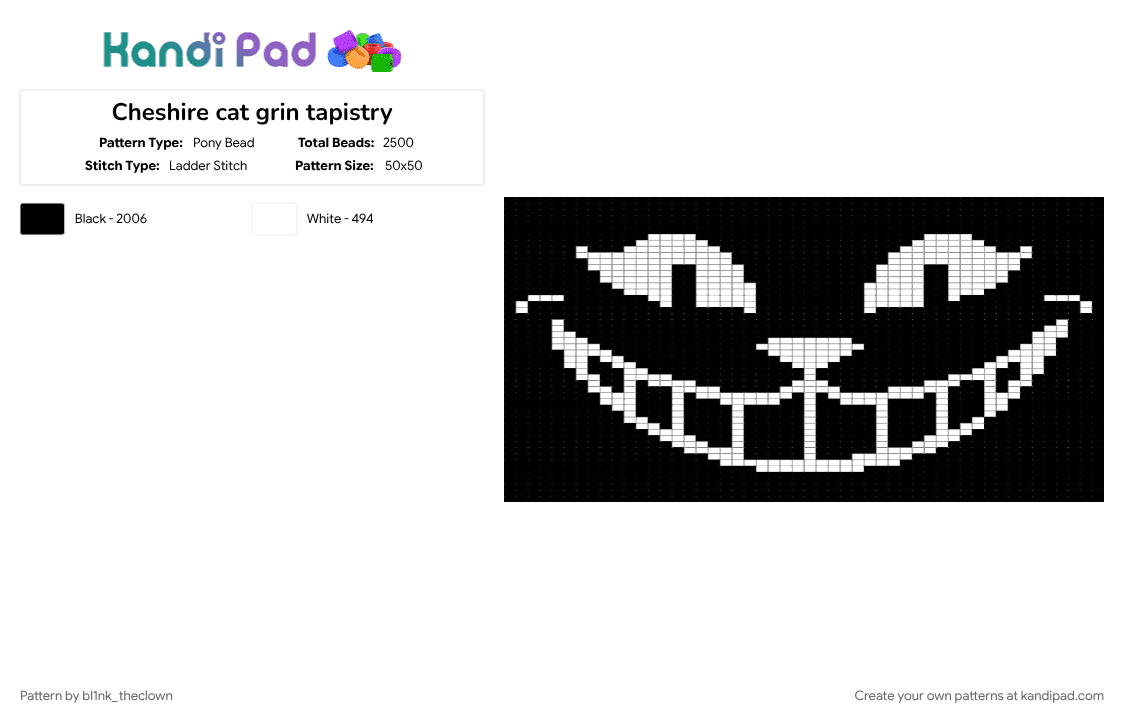 Cheshire cat grin tapistry - Pony Bead Pattern by bl1nk_theclown on Kandi Pad - animal, black, cat, character, cute