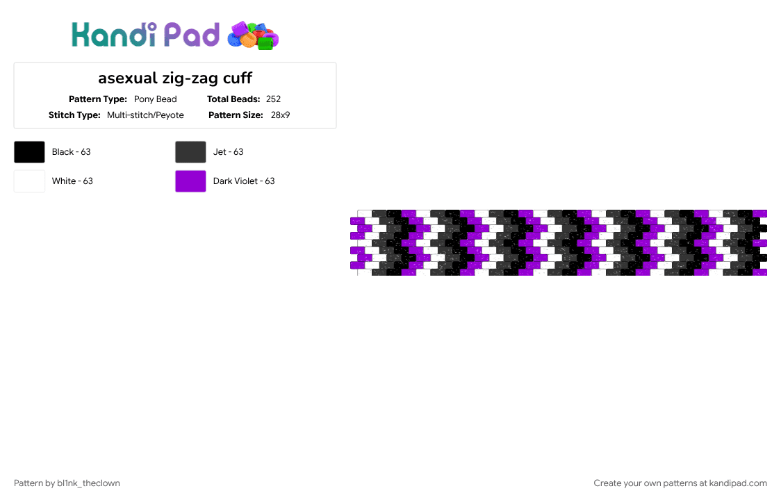 asexual zig-zag cuff - Pony Bead Pattern by bl1nk_theclown on Kandi Pad - asexual, bracelet, cotdchevrons, pride, purple, stripes, white, zig zag