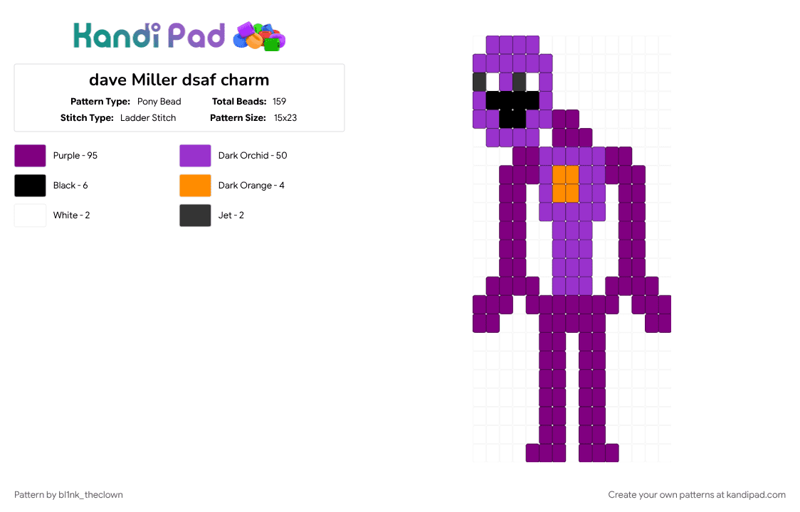 dave Miller dsaf charm - Pony Bead Pattern by bl1nk_theclown on Kandi Pad - character, dsaf, gaming, pink, purple, video game