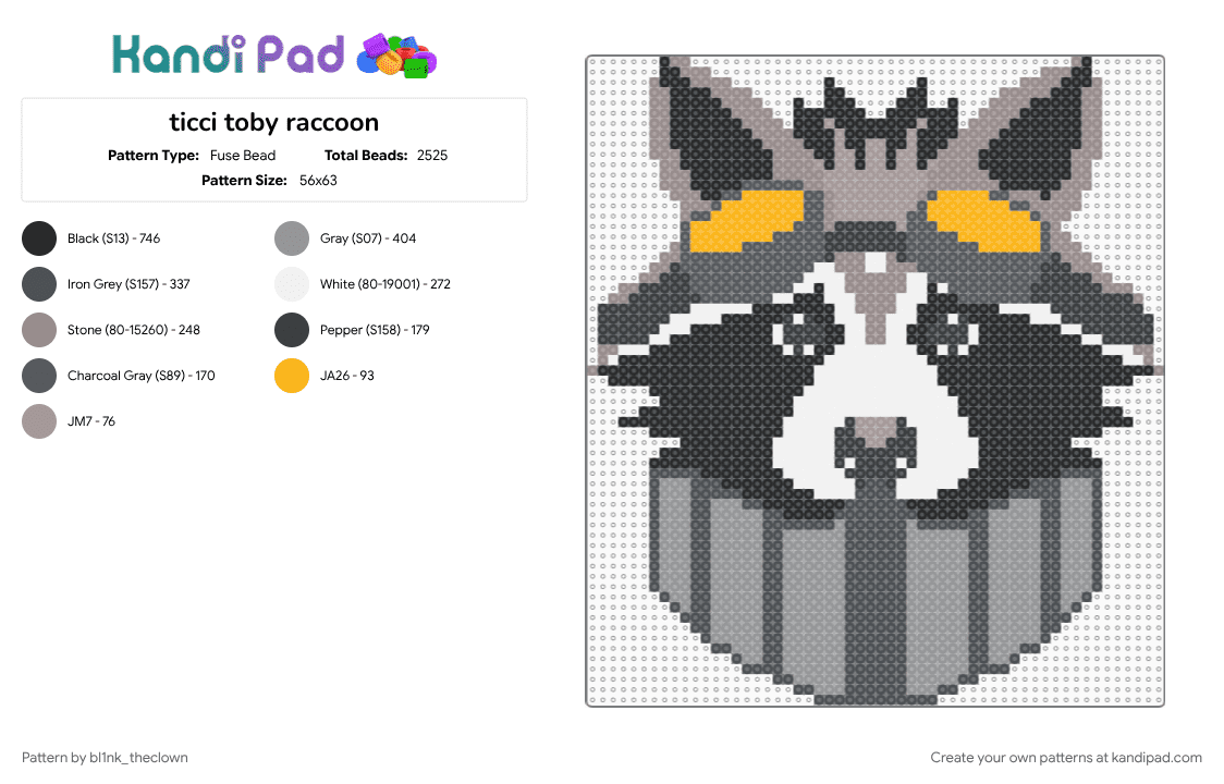 ticci toby raccoon - Fuse Bead Pattern by bl1nk_theclown on Kandi Pad - animal, animals, creepypasta, cute, gray, raccoon, ticci toby