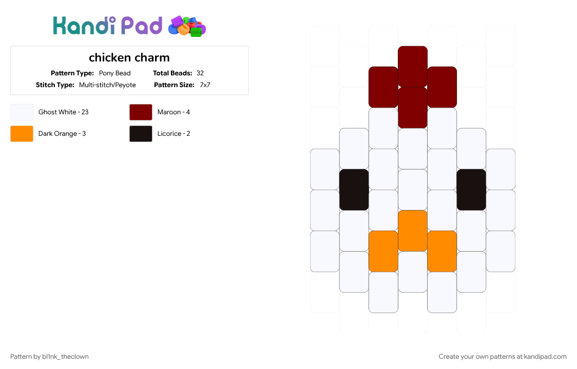 chicken charm - Pony Bead Pattern by bl1nk_theclown on Kandi Pad - animal, brown, cotdbirds, cute, head, orange, white