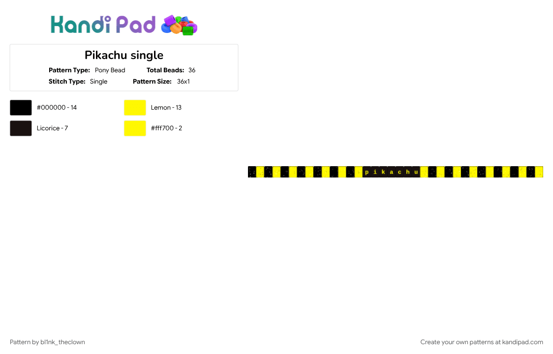 Pikachu single - Pony Bead Pattern by bl1nk_theclown on Kandi Pad - black, bracelet, pikachu, pokemon, single, starter, yellow
