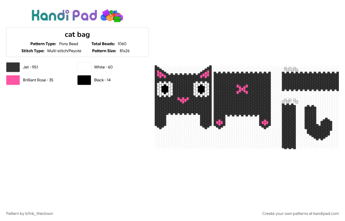 cat bag - Pony Bead Pattern by bl1nk_theclown on Kandi Pad - animal, bag, black, cat, cats, cute, pink, white