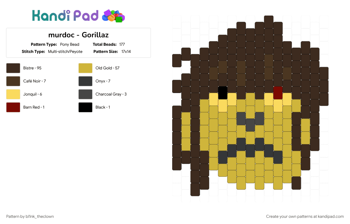 murdoc - Gorillaz - Pony Bead Pattern by bl1nk_theclown on Kandi Pad - brown, character, gorillaz, yellow