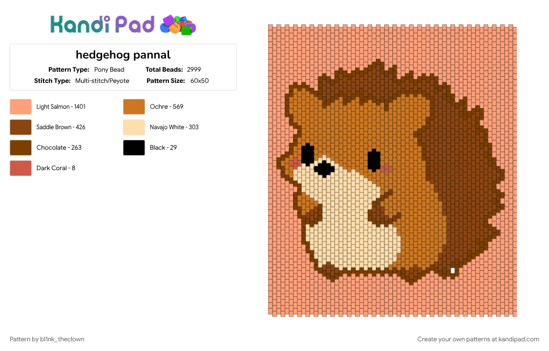 hedgehog pannal - Pony Bead Pattern by bl1nk_theclown on Kandi Pad - animal, cotdhedgehogs, cute, hedgehog, orange