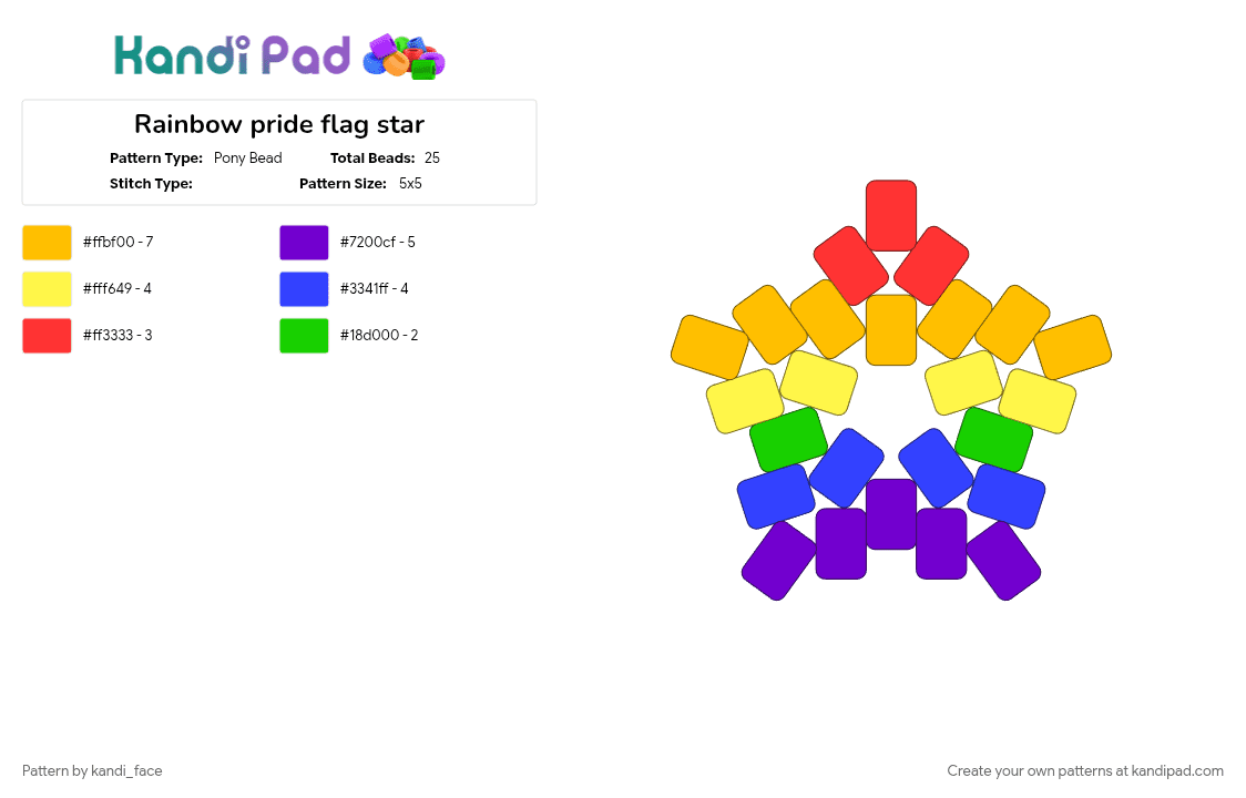 Rainbow pride flag star - Pony Bead Pattern by kandi_face on Kandi Pad - pride, pride flag, purple, rainbow, star, yellow