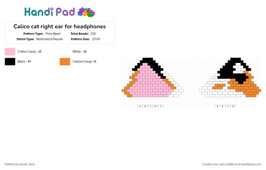 Calico cat right ear for headphones - Pony Bead Pattern by kandi_face on Kandi Pad - calico cat ears, orange, pink