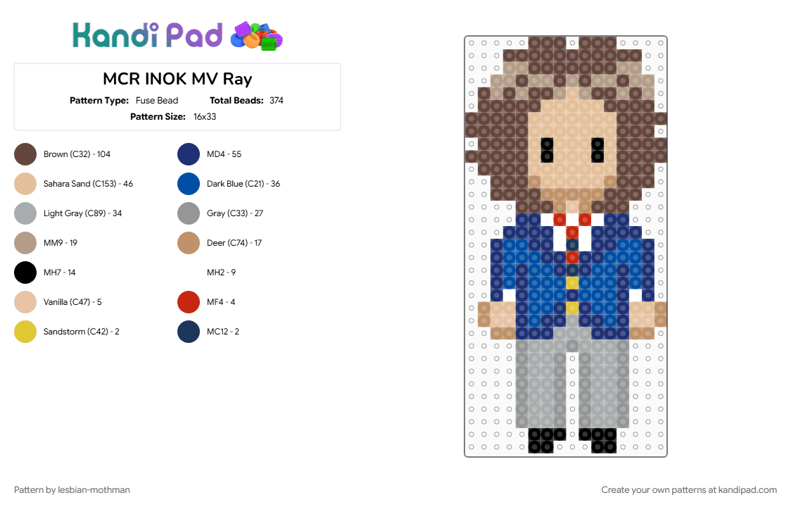 MCR INOK MV Ray - Fuse Bead Pattern by lesbian-mothman on Kandi Pad - beige, brown, gray, mcr, my chemical romance, purple, ray toro