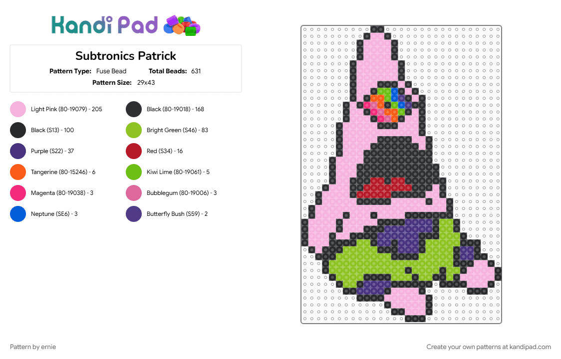 Subtronics Patrick - Fuse Bead Pattern by ernie on Kandi Pad - green, pink
