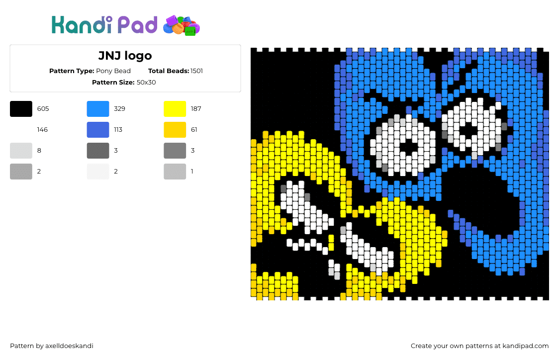 JNJ logo - Pony Bead Pattern by axelldoeskandi on Kandi Pad - jacknjellify,bfdi,battle for dream island,youtube,animation,tv show,panel,black,yellow,blue