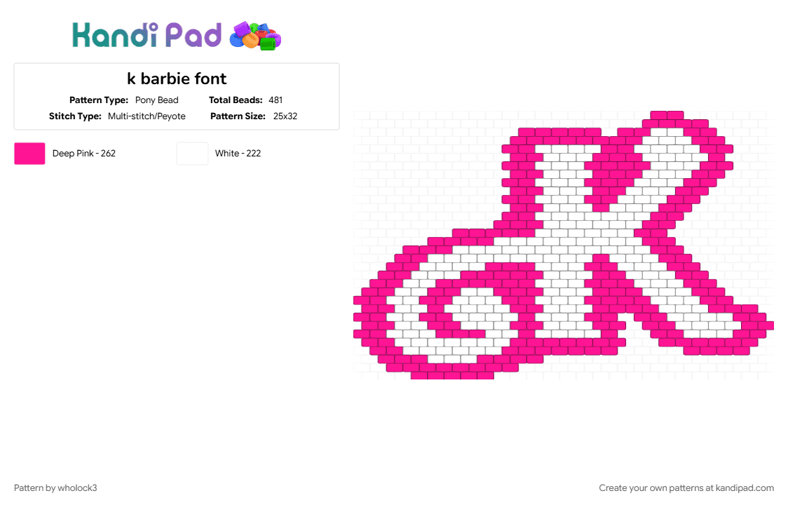 k barbie font - Pony Bead Pattern by wholock3 on Kandi Pad - pink, white